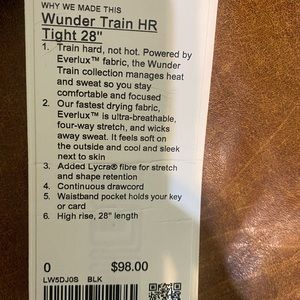 NWT, Lululemon, Wunder Train HR Tight 28” black leggings, size 0